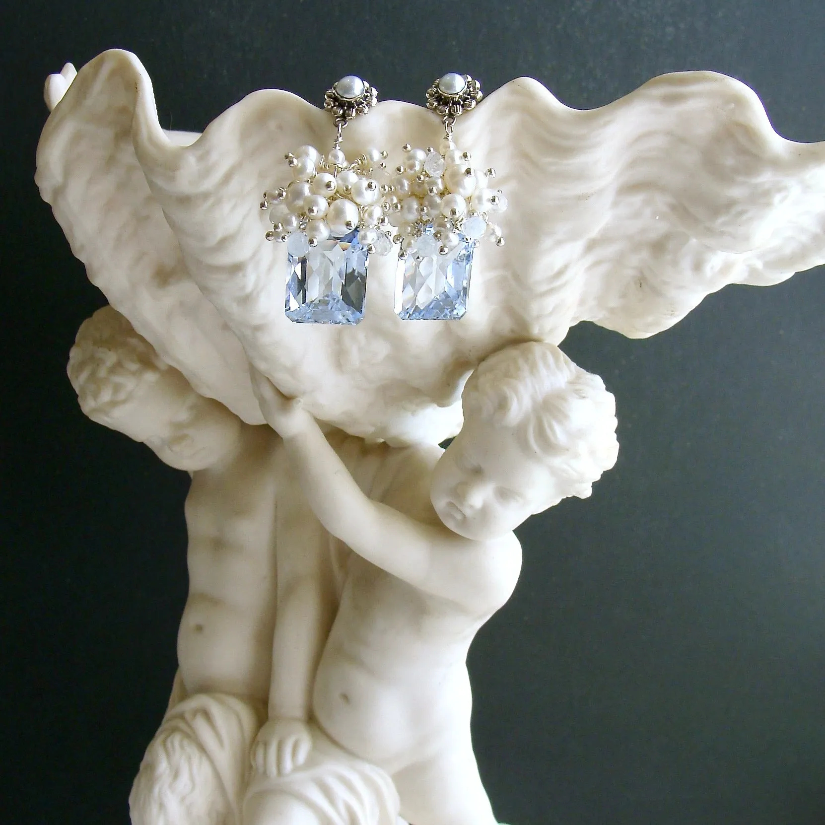 Emerald Cut Sky Blue Topaz Seed Pearl Rainbow Moonstone Cluster Earrings - Diana VI Earrings