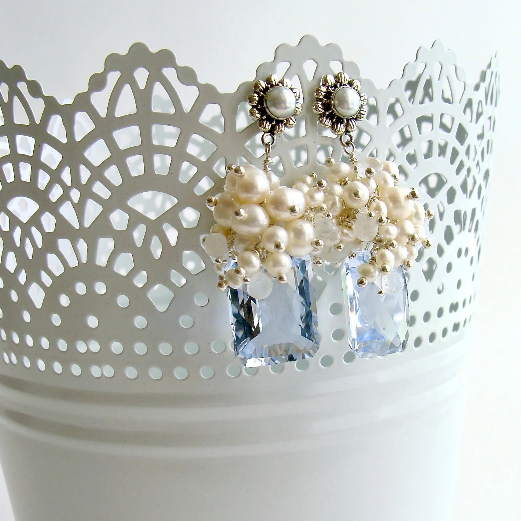 Emerald Cut Sky Blue Topaz Seed Pearl Rainbow Moonstone Cluster Earrings - Diana VI Earrings