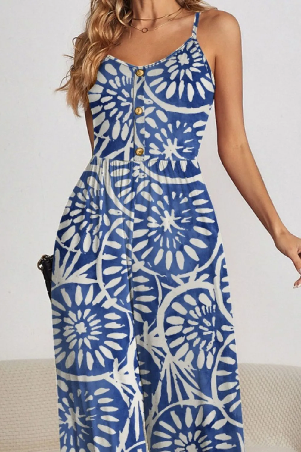 FAM-FAM Decorative Button Spaghetti Strap Wide Leg Jumpsuit (4 Color Styles)
