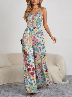 FAM-FAM Decorative Button Spaghetti Strap Wide Leg Jumpsuit (4 Color Styles)