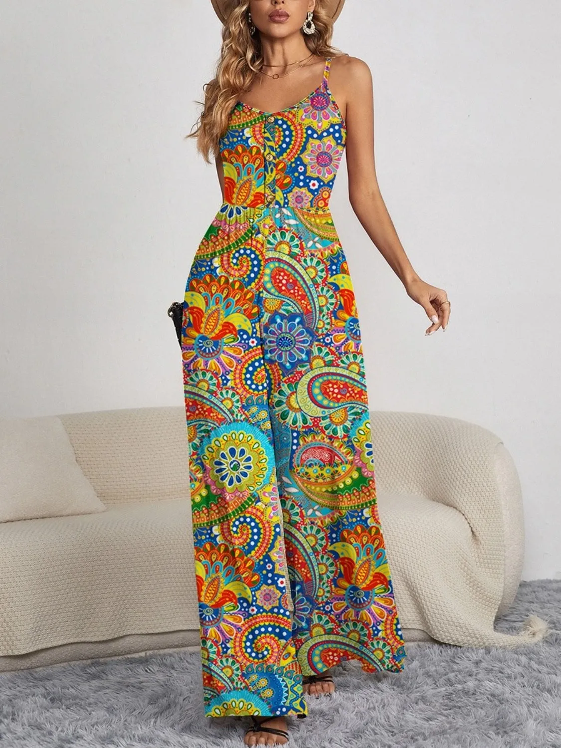FAM-FAM Decorative Button Spaghetti Strap Wide Leg Jumpsuit (4 Color Styles)