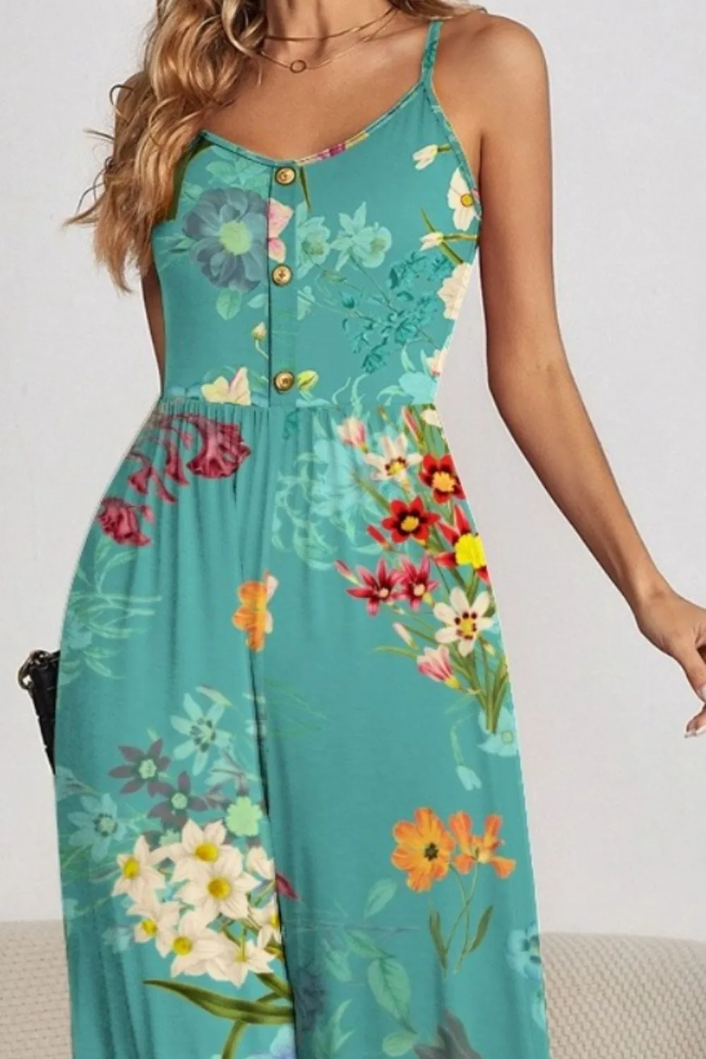 FAM-FAM Decorative Button Spaghetti Strap Wide Leg Jumpsuit (4 Color Styles)