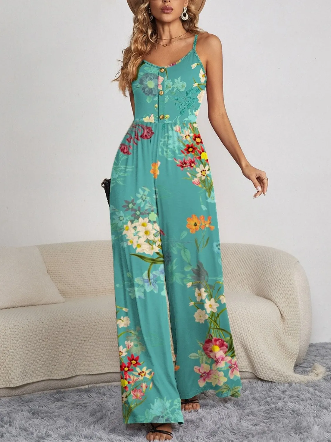 FAM-FAM Decorative Button Spaghetti Strap Wide Leg Jumpsuit (4 Color Styles)