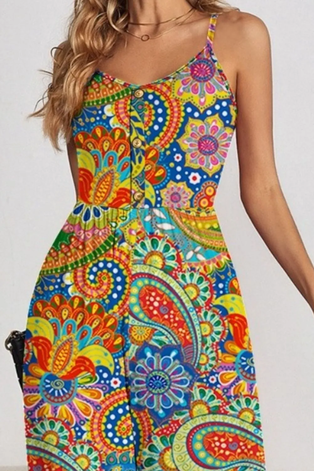 FAM-FAM Decorative Button Spaghetti Strap Wide Leg Jumpsuit (4 Color Styles)