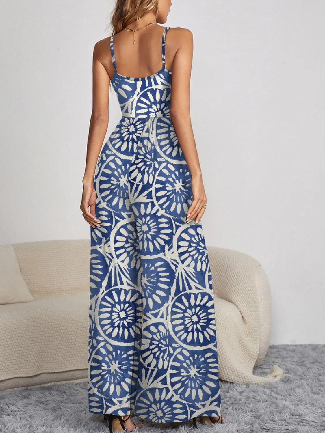 FAM-FAM Decorative Button Spaghetti Strap Wide Leg Jumpsuit (4 Color Styles)