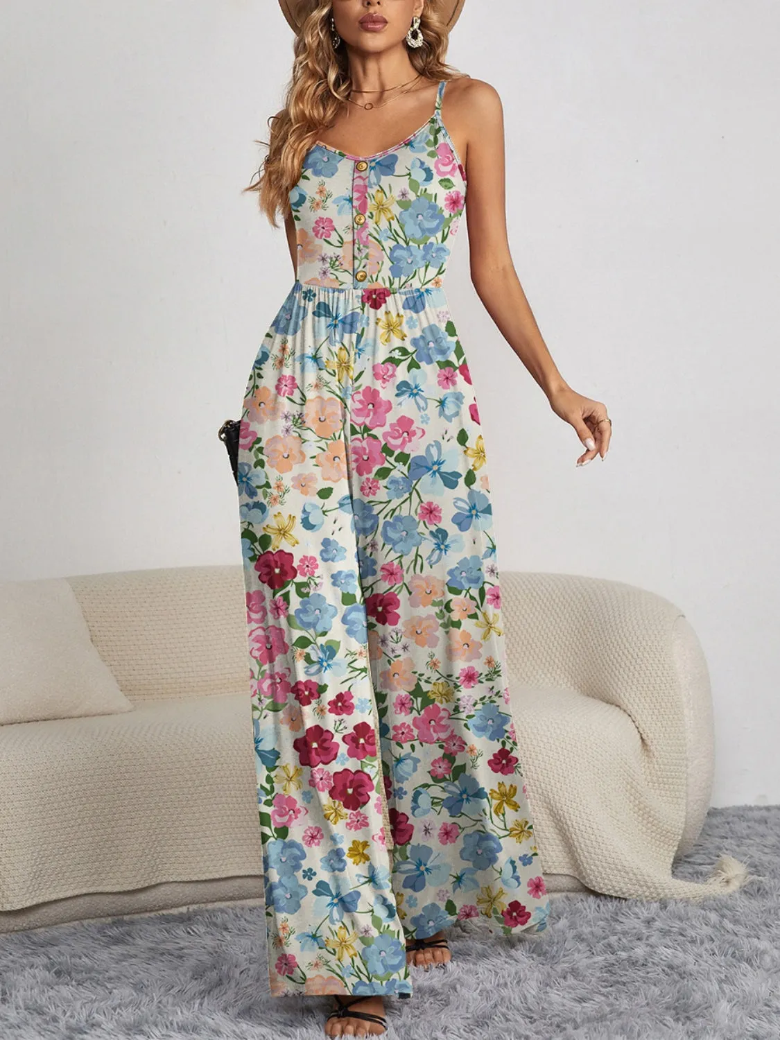 FAM-FAM Decorative Button Spaghetti Strap Wide Leg Jumpsuit (4 Color Styles)