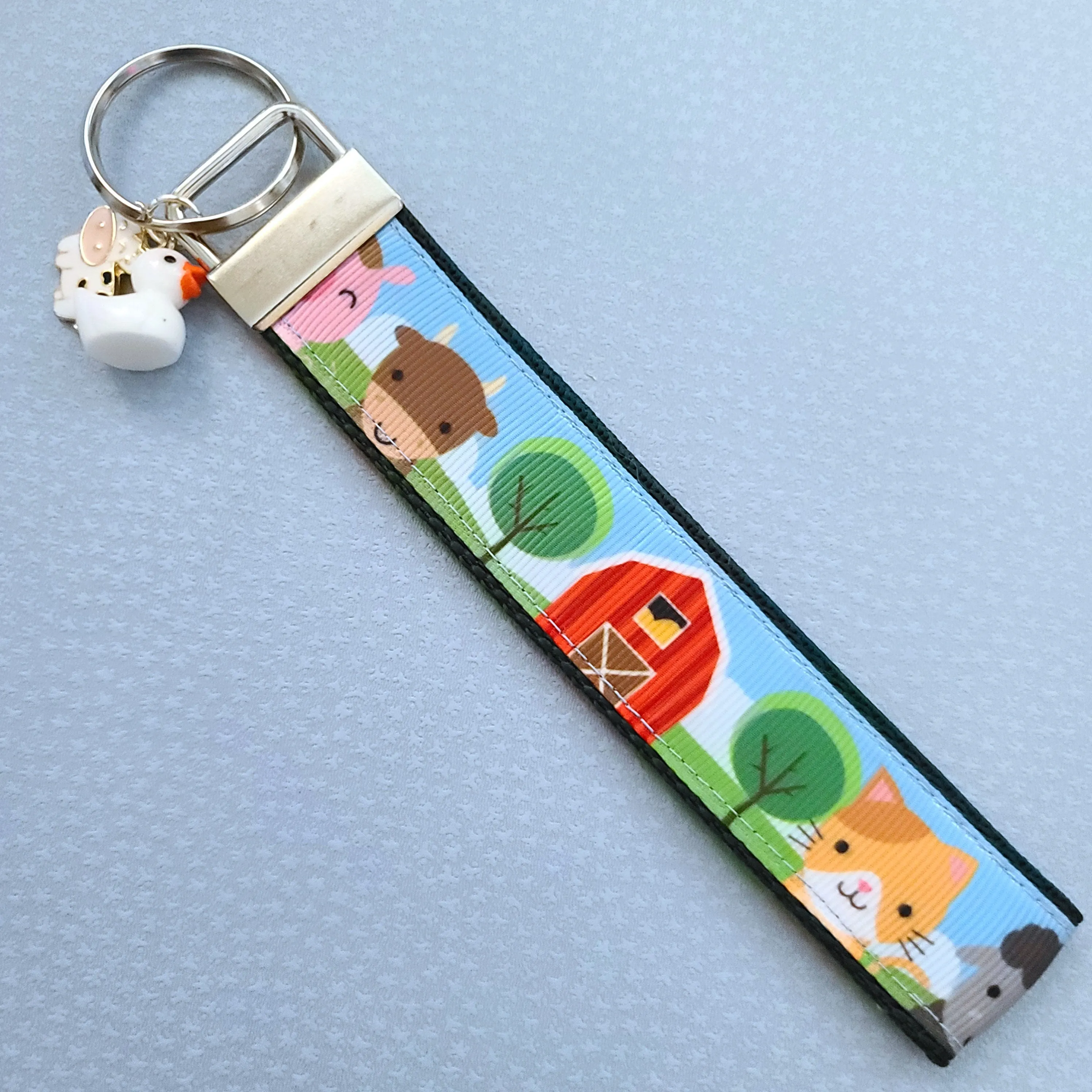 Farm Animal Portraits Key Chain Fob with Cow & Duck Charm