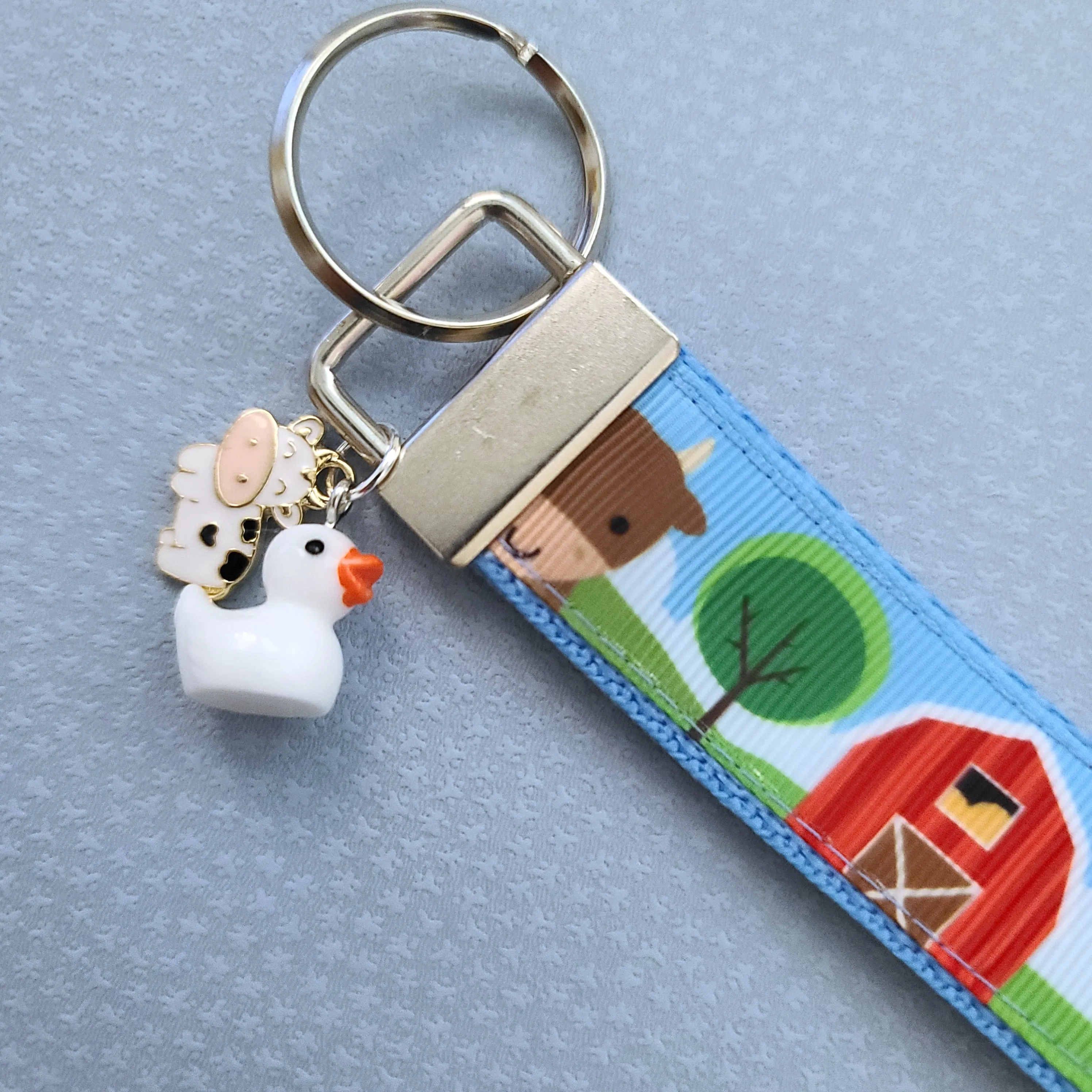 Farm Animal Portraits Key Chain Fob with Cow & Duck Charm