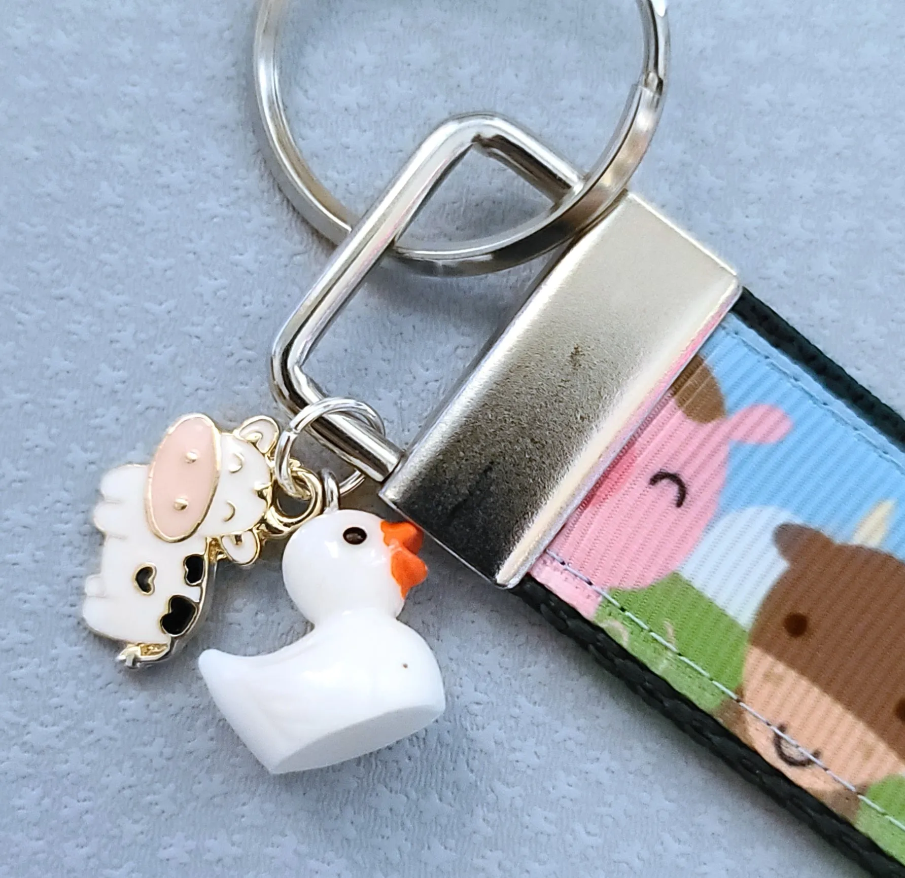 Farm Animal Portraits Key Chain Fob with Cow & Duck Charm