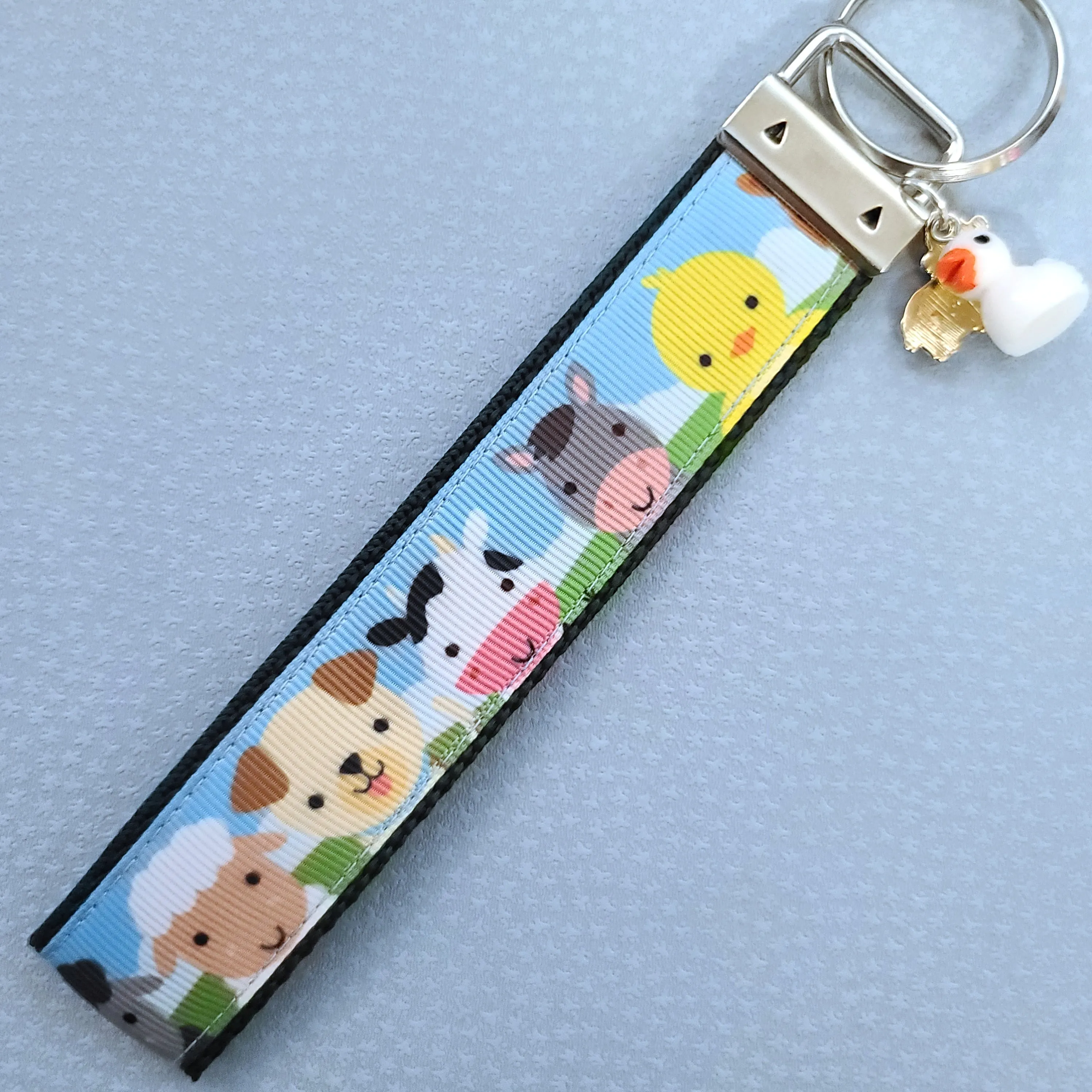 Farm Animal Portraits Key Chain Fob with Cow & Duck Charm