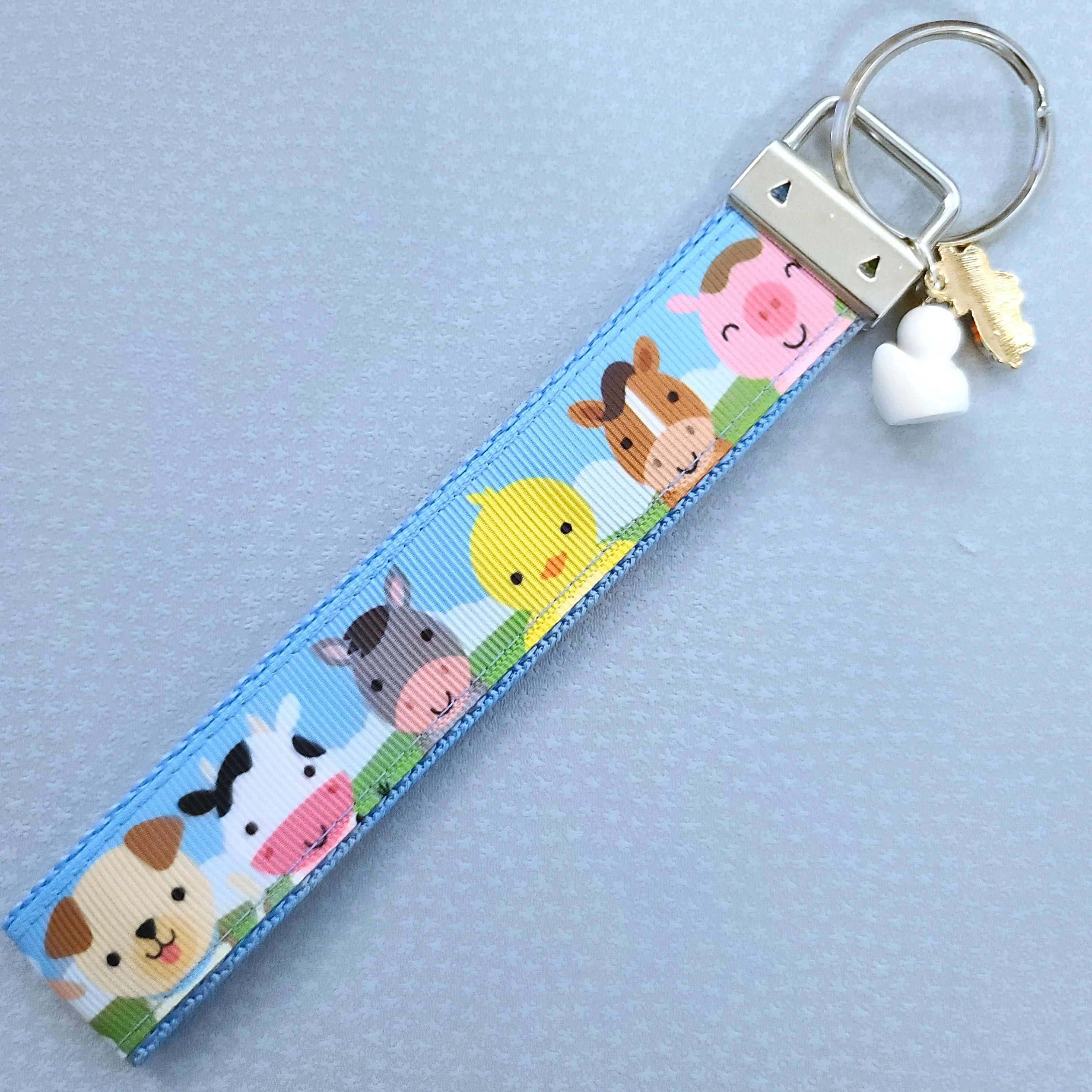 Farm Animal Portraits Key Chain Fob with Cow & Duck Charm