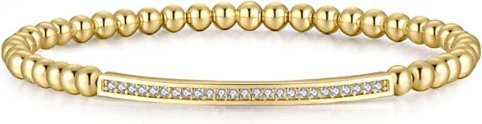 Gold Beaded Chain Bracelet With Dainty Topaz Curved Bar With Clasp