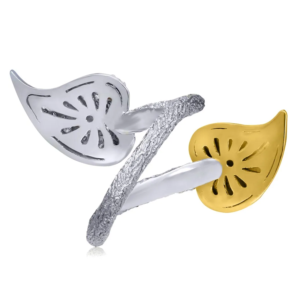 Gold Bypass Leaf Ring with Diamonds