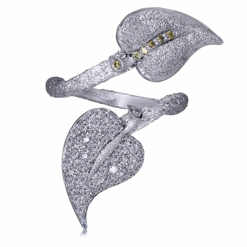 Gold Bypass Leaf Ring with Diamonds