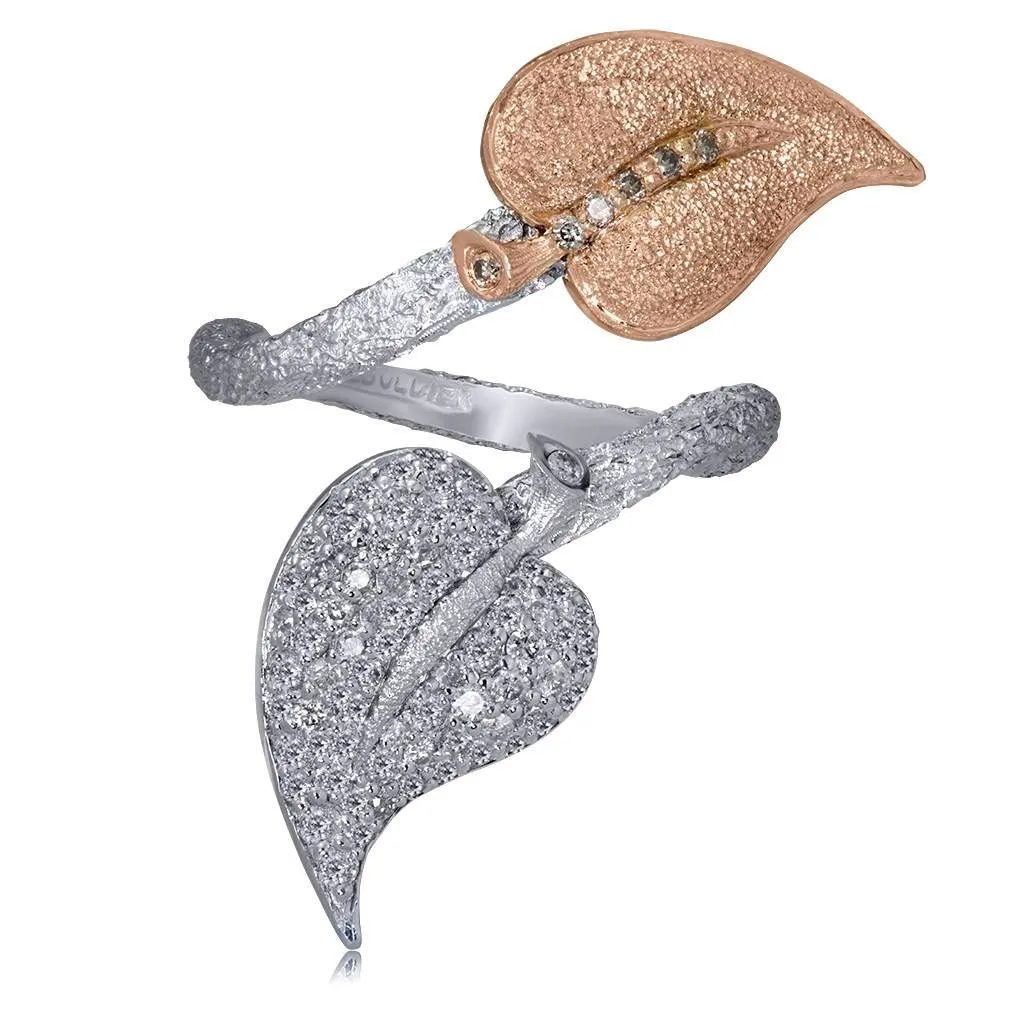 Gold Bypass Leaf Ring with Diamonds