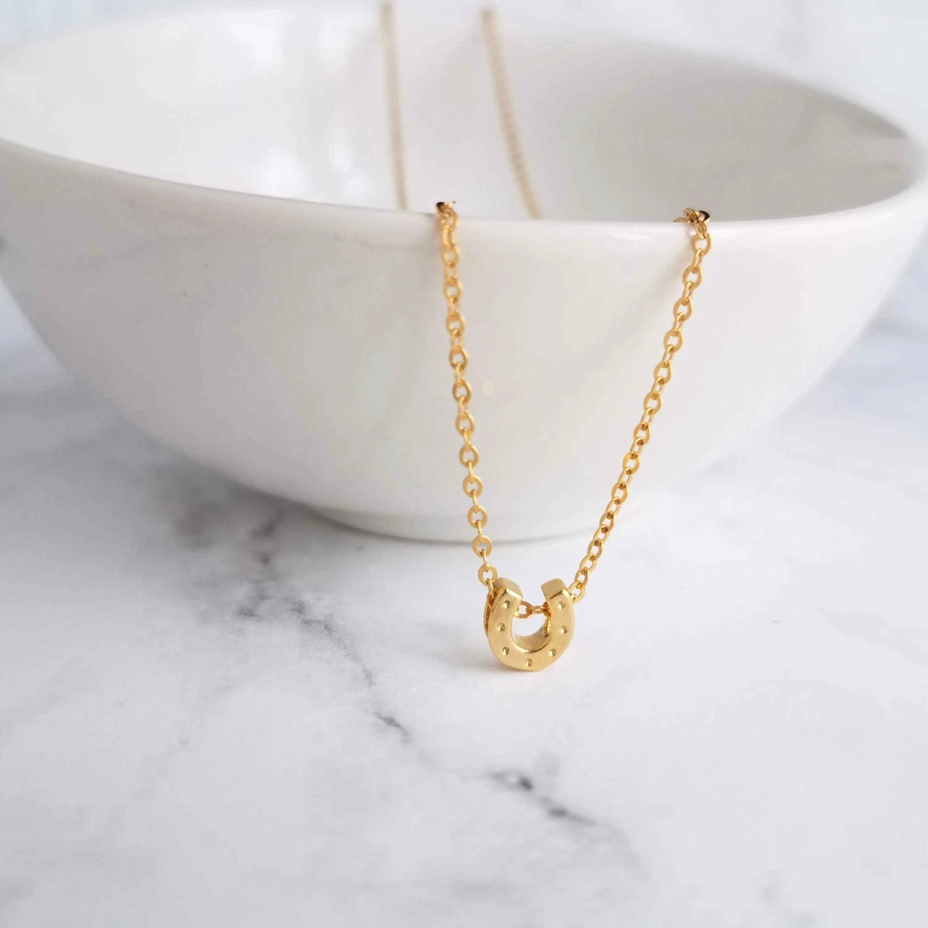 Gold Horseshoe Necklace, delicate gold chain, thin chain, dainty gold necklace, lucky necklace, tiny good luck charm, horse necklace, small