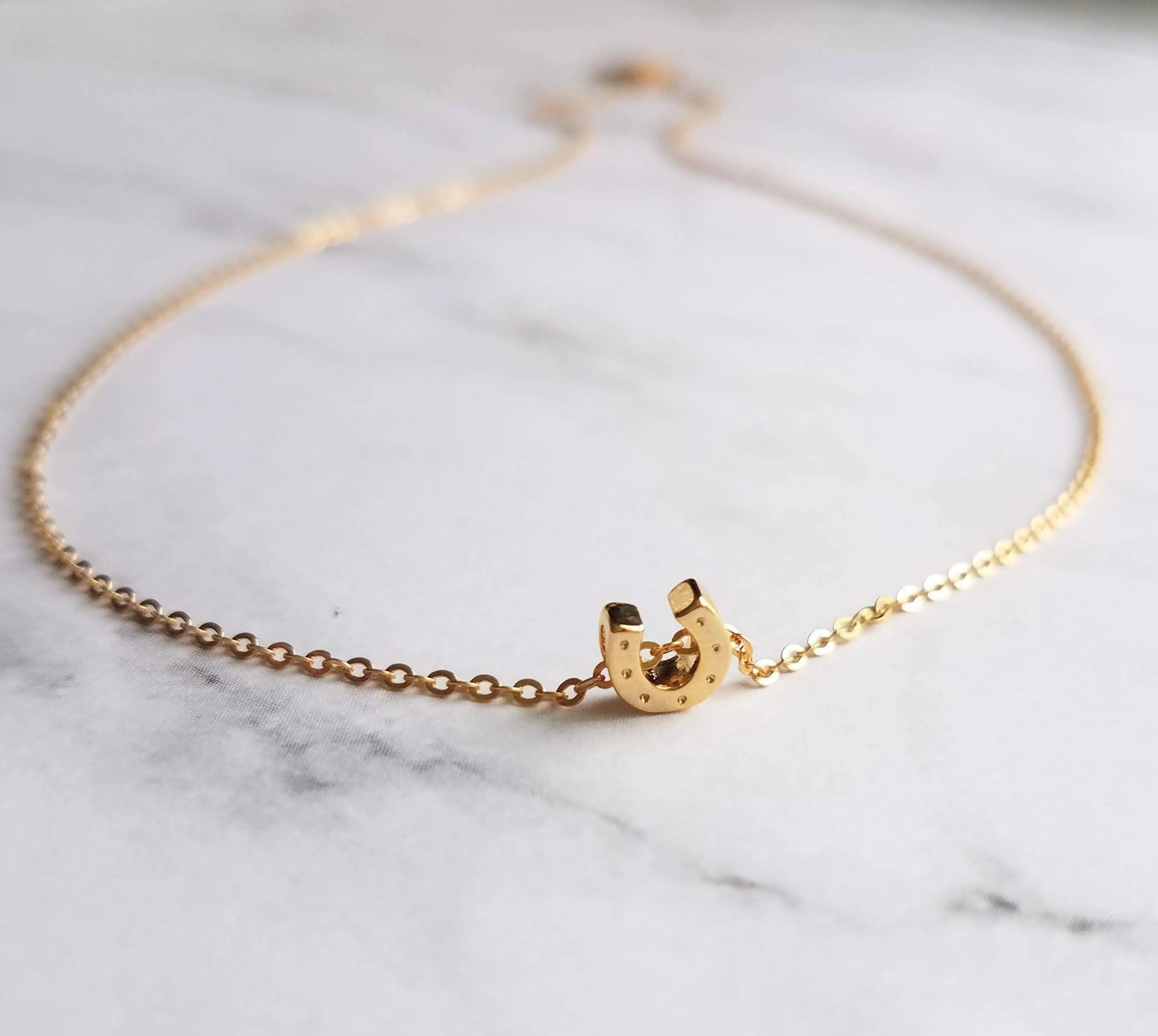Gold Horseshoe Necklace, delicate gold chain, thin chain, dainty gold necklace, lucky necklace, tiny good luck charm, horse necklace, small