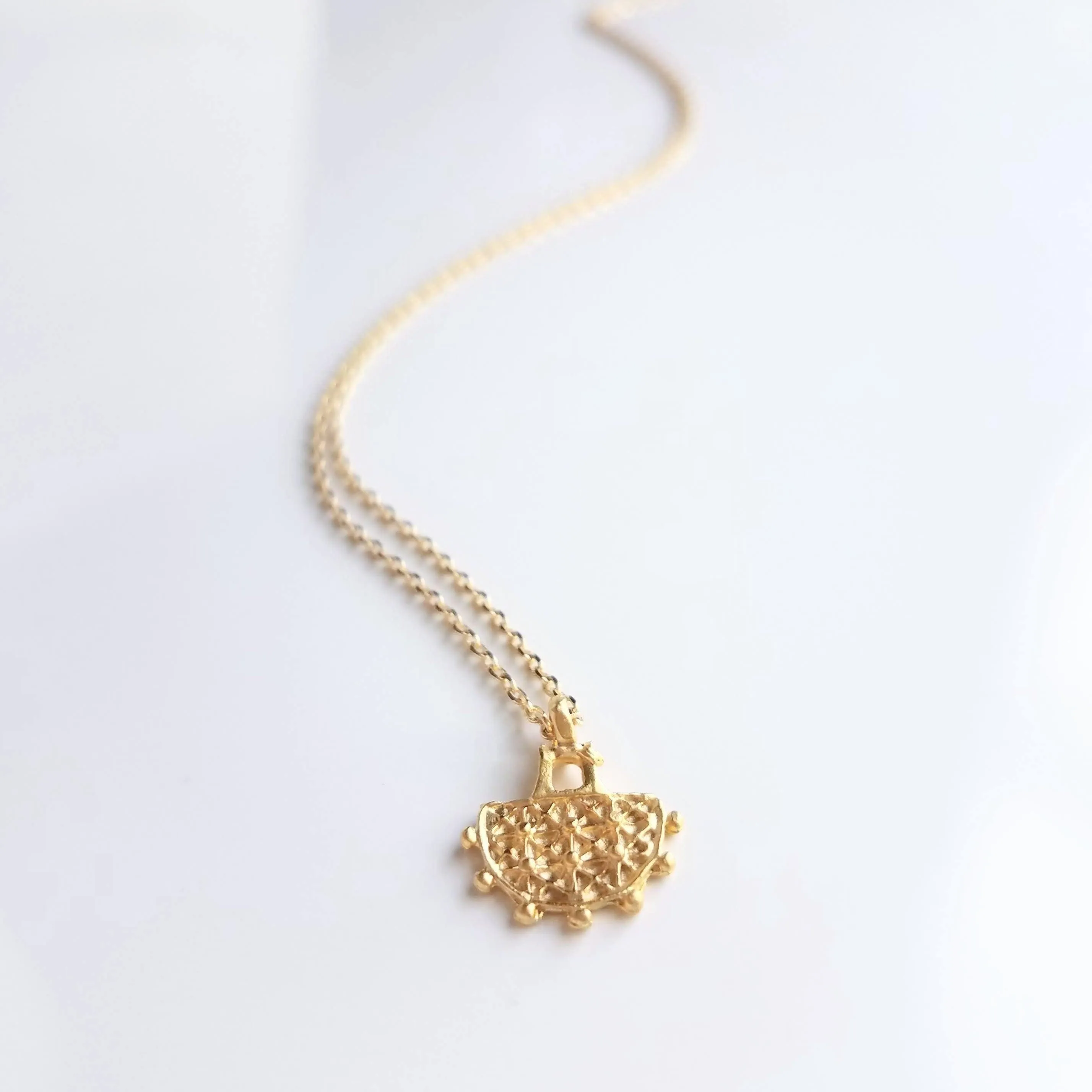 Gold Semicircle Necklace, ethnic charm necklace, gold half circle necklace, small gold pendant delicate gold chain, little dainty matte gold