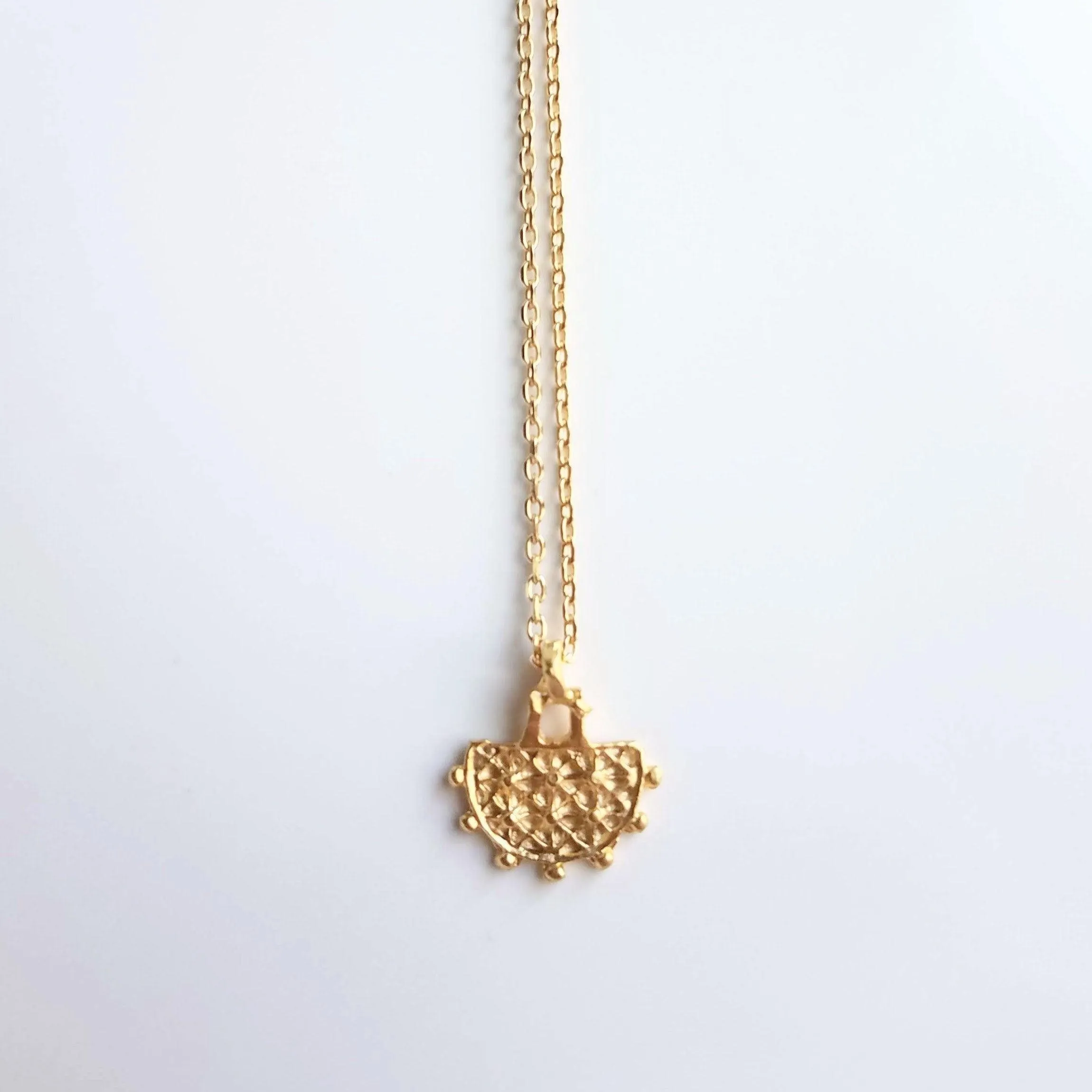 Gold Semicircle Necklace, ethnic charm necklace, gold half circle necklace, small gold pendant delicate gold chain, little dainty matte gold