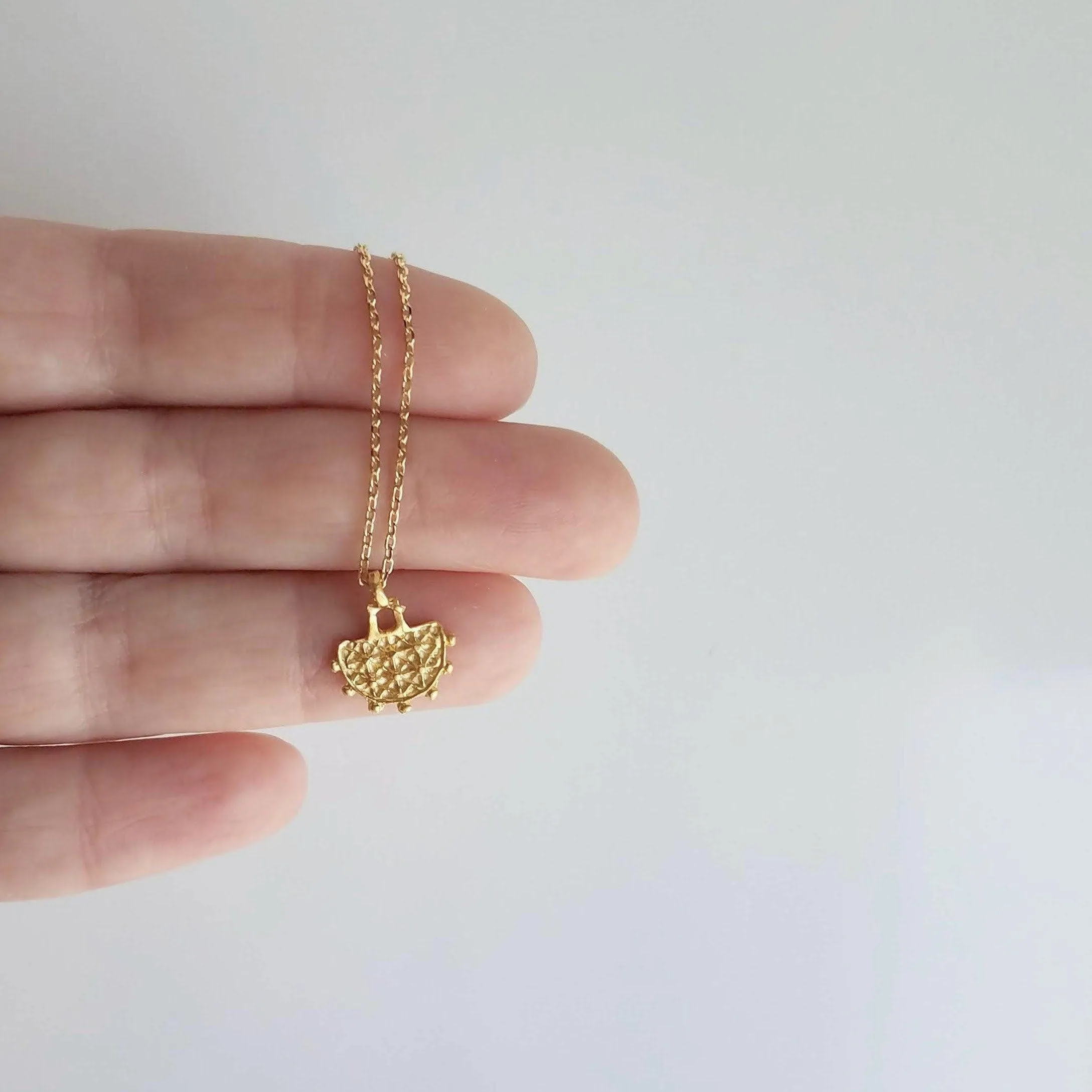 Gold Semicircle Necklace, ethnic charm necklace, gold half circle necklace, small gold pendant delicate gold chain, little dainty matte gold