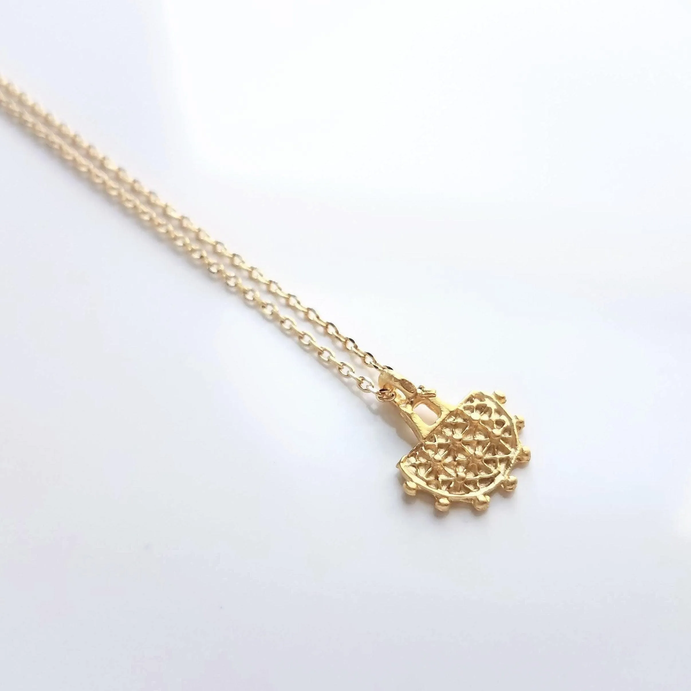 Gold Semicircle Necklace, ethnic charm necklace, gold half circle necklace, small gold pendant delicate gold chain, little dainty matte gold