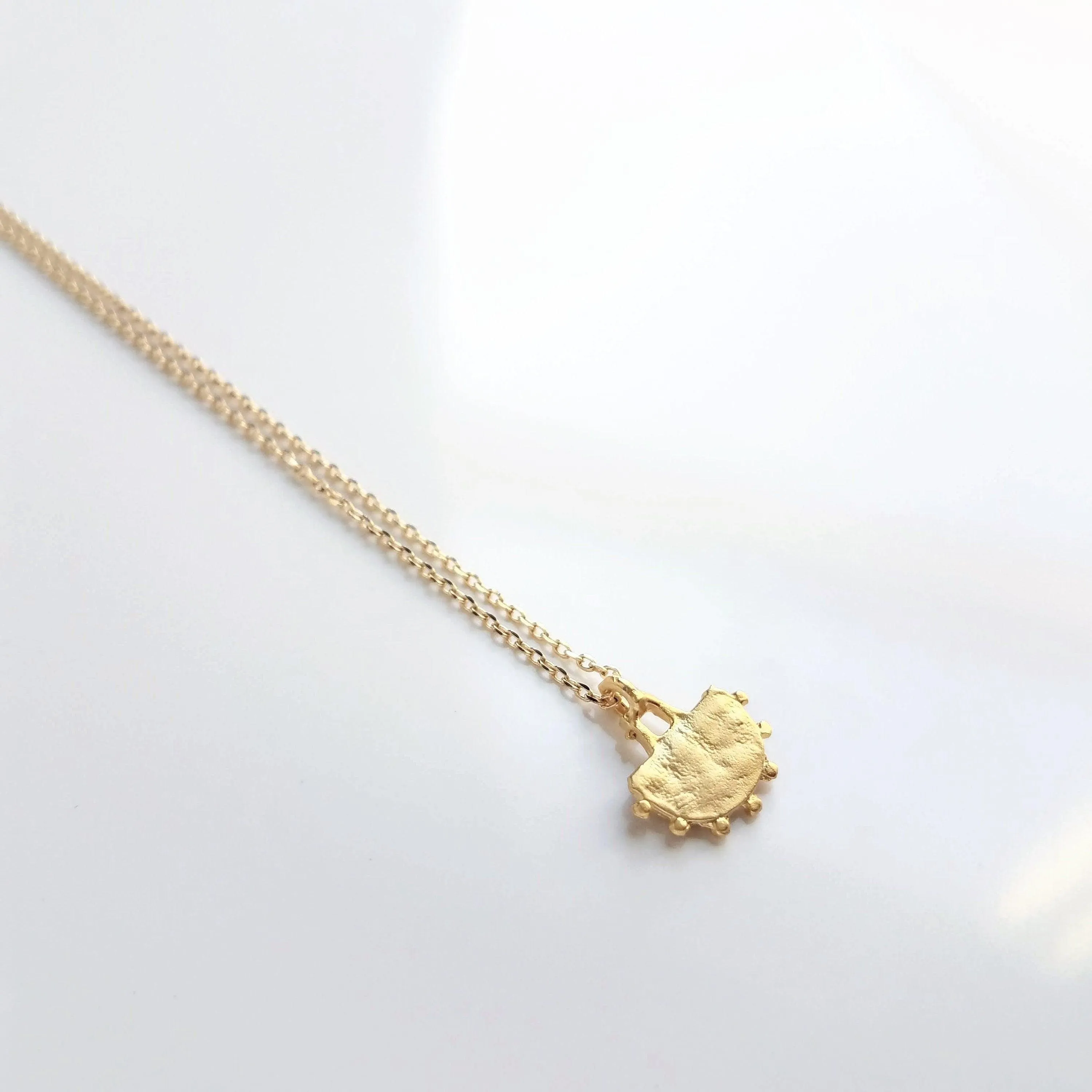 Gold Semicircle Necklace, ethnic charm necklace, gold half circle necklace, small gold pendant delicate gold chain, little dainty matte gold