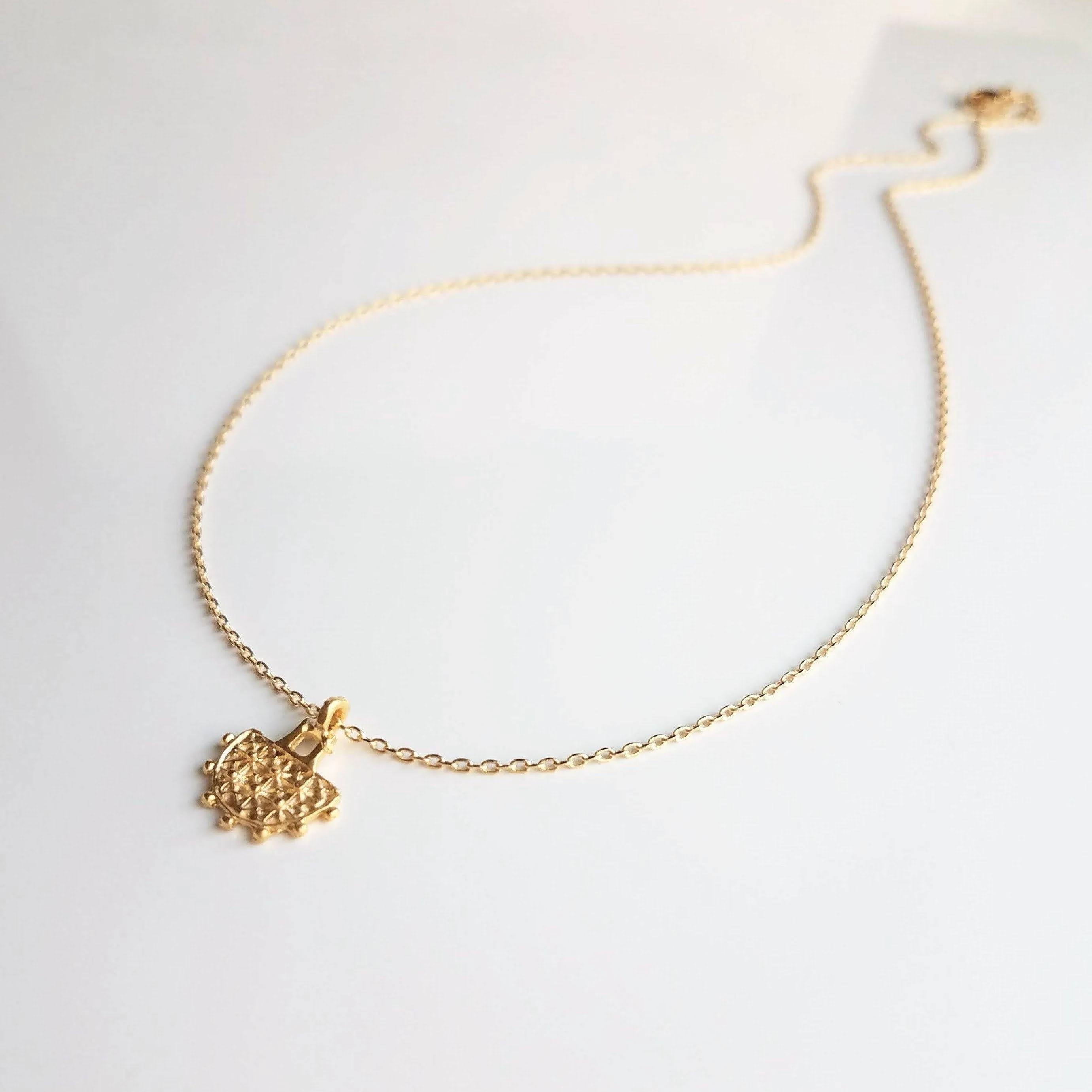 Gold Semicircle Necklace, ethnic charm necklace, gold half circle necklace, small gold pendant delicate gold chain, little dainty matte gold