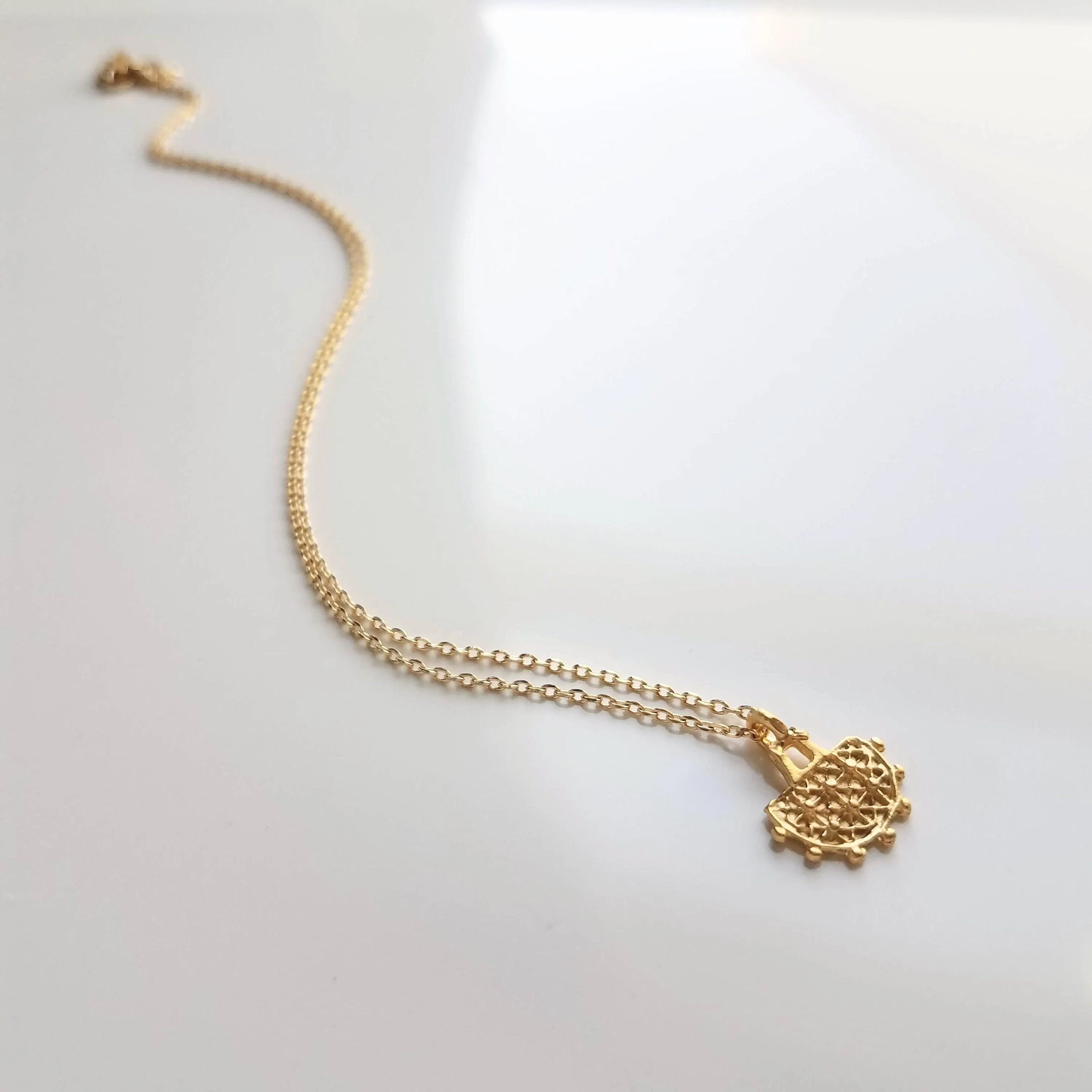 Gold Semicircle Necklace, ethnic charm necklace, gold half circle necklace, small gold pendant delicate gold chain, little dainty matte gold