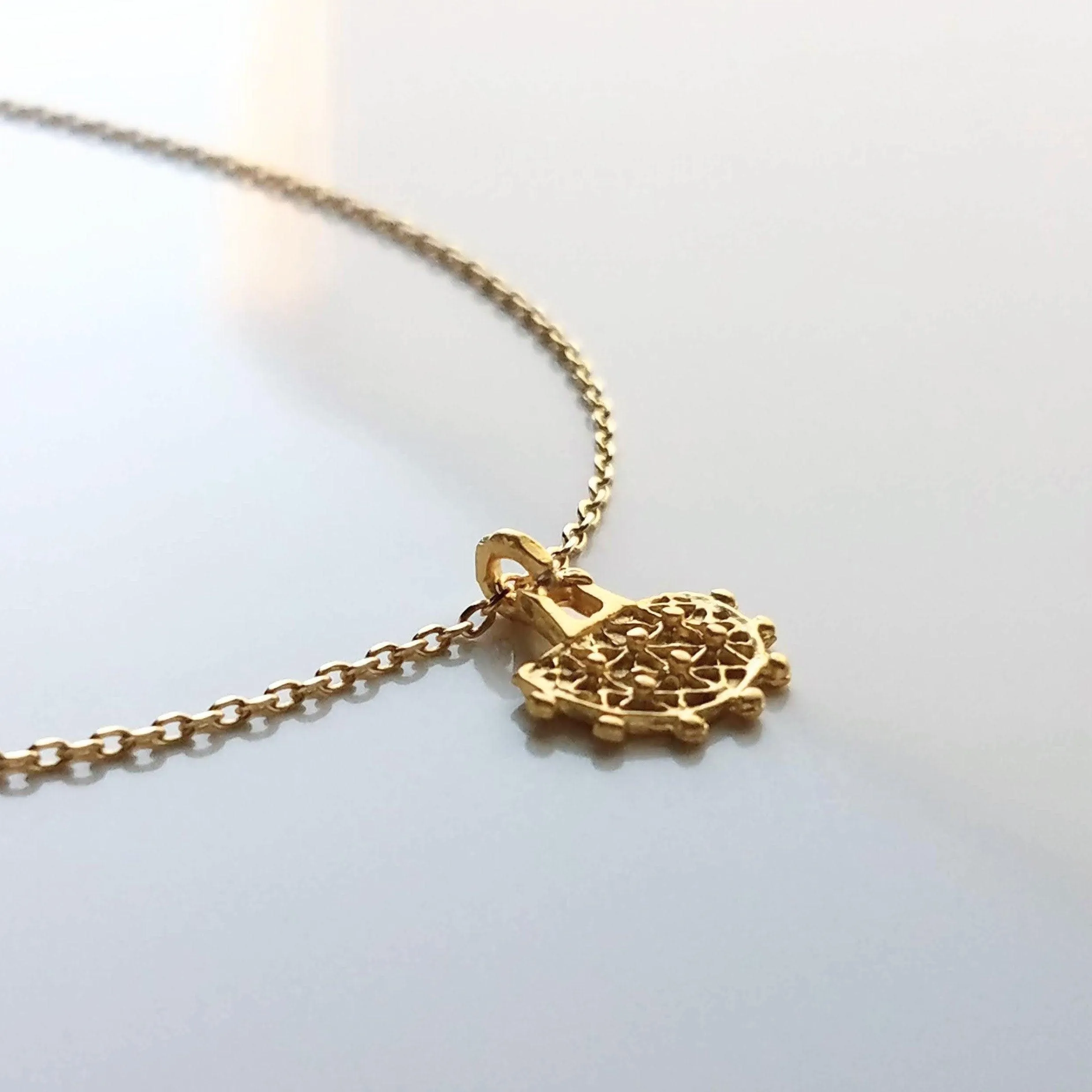 Gold Semicircle Necklace, ethnic charm necklace, gold half circle necklace, small gold pendant delicate gold chain, little dainty matte gold