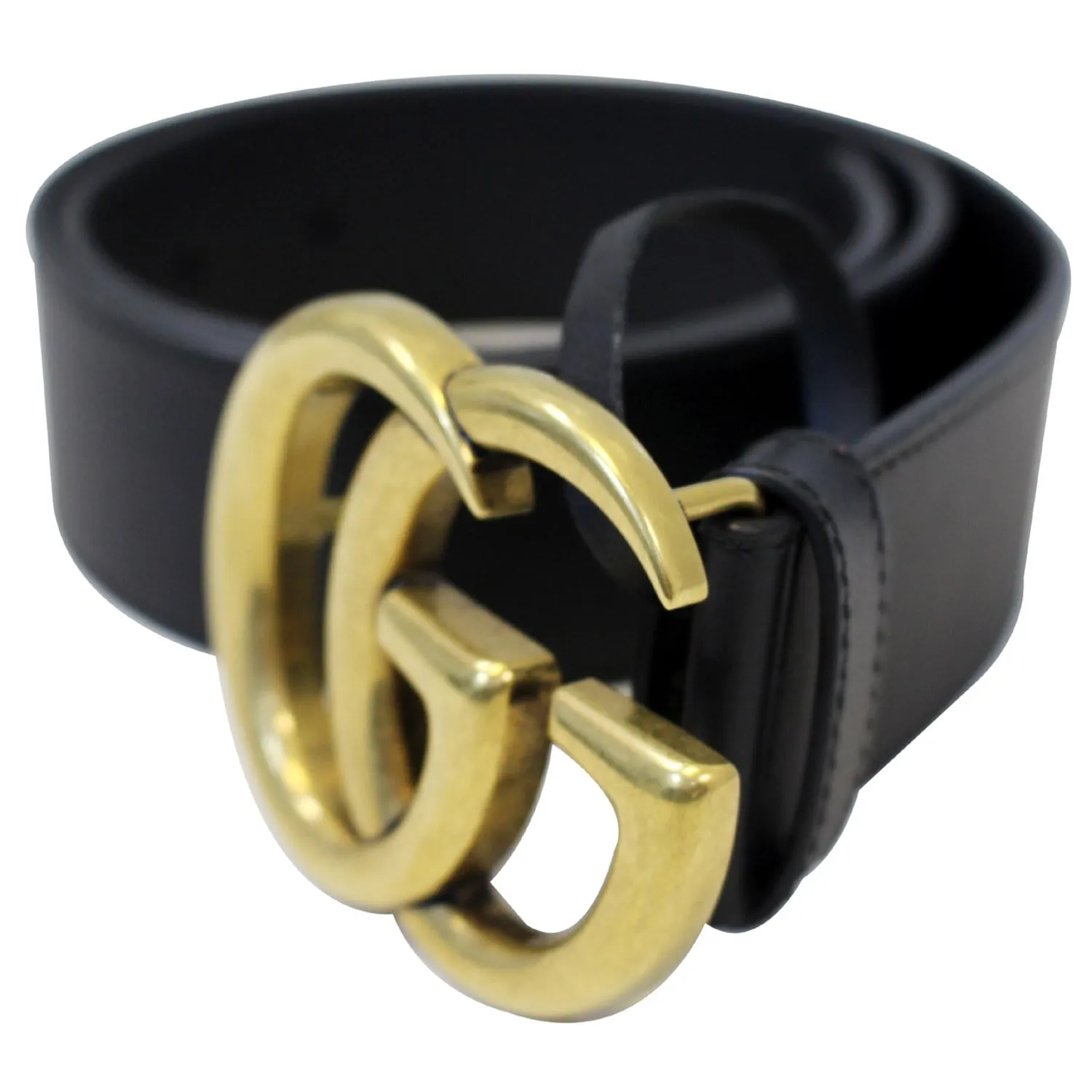 GUCCI Double G Buckle Black Leather Belt Size 35