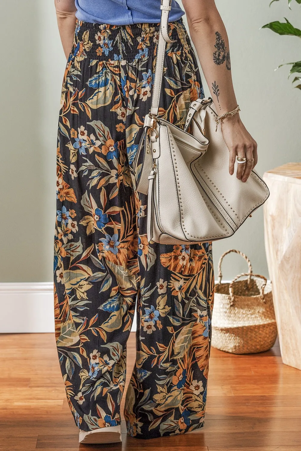 Hazel Blues® |  Floral Shirred High Waist Wide Leg Pants with Tie
