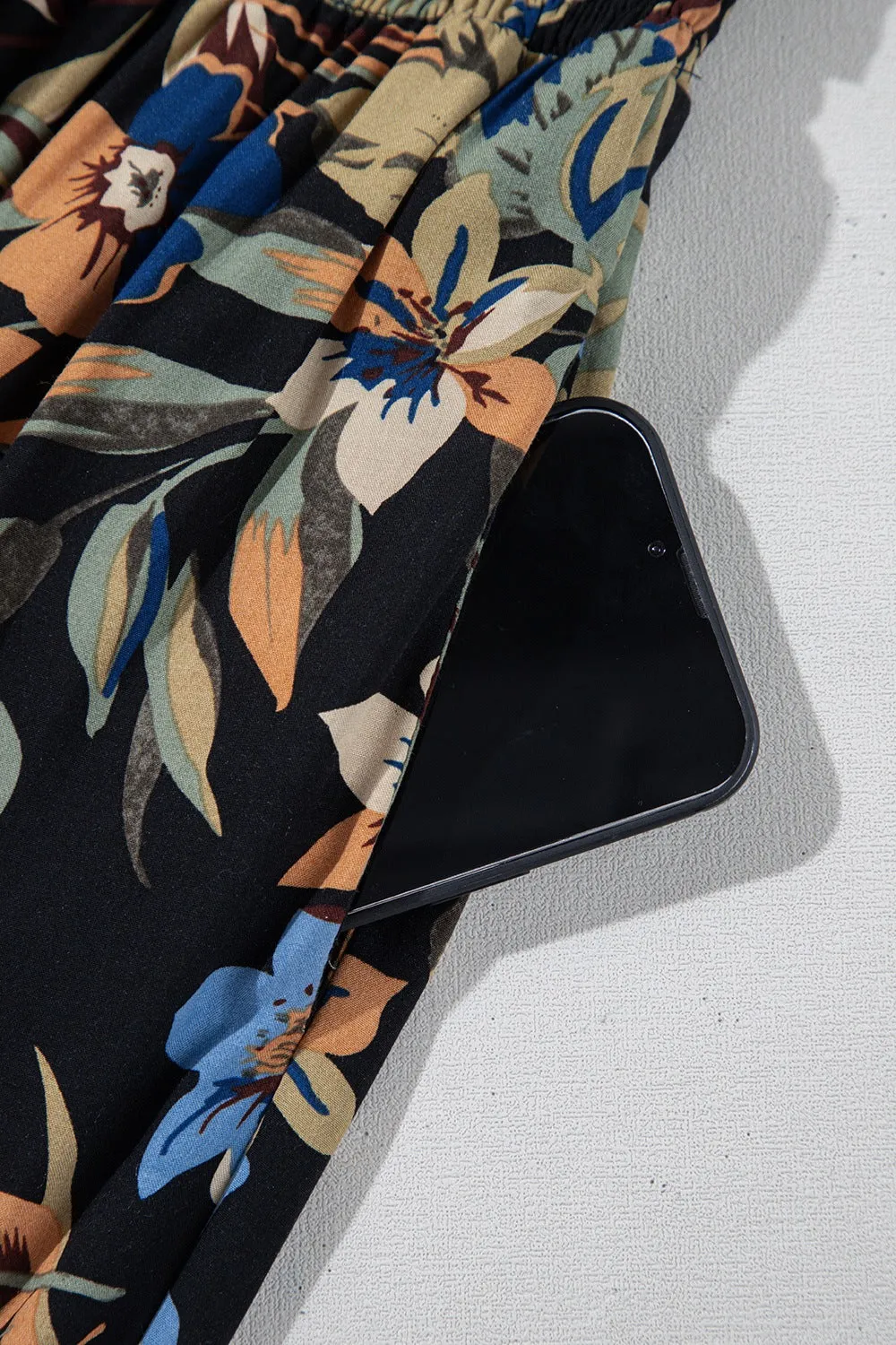 Hazel Blues® |  Floral Shirred High Waist Wide Leg Pants with Tie