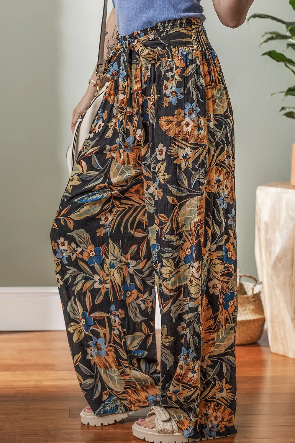Hazel Blues® |  Floral Shirred High Waist Wide Leg Pants with Tie