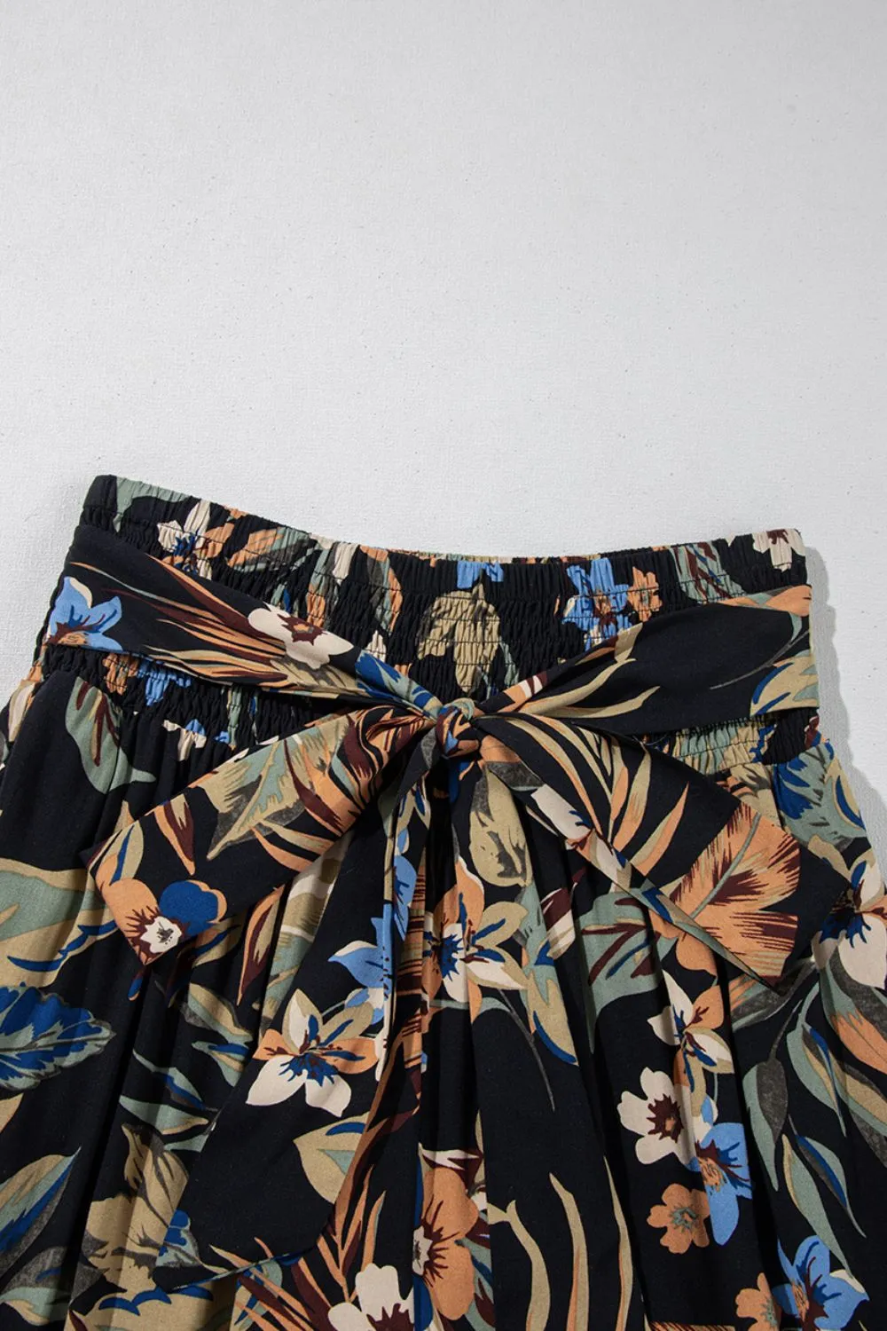 Hazel Blues® |  Floral Shirred High Waist Wide Leg Pants with Tie