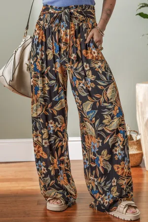 Hazel Blues® |  Floral Shirred High Waist Wide Leg Pants with Tie