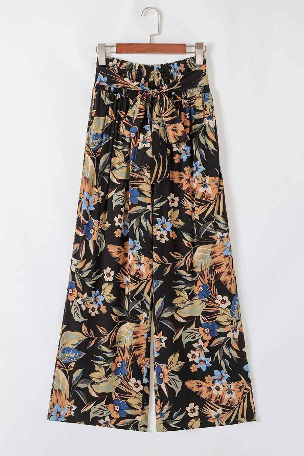 Hazel Blues® |  Floral Shirred High Waist Wide Leg Pants with Tie