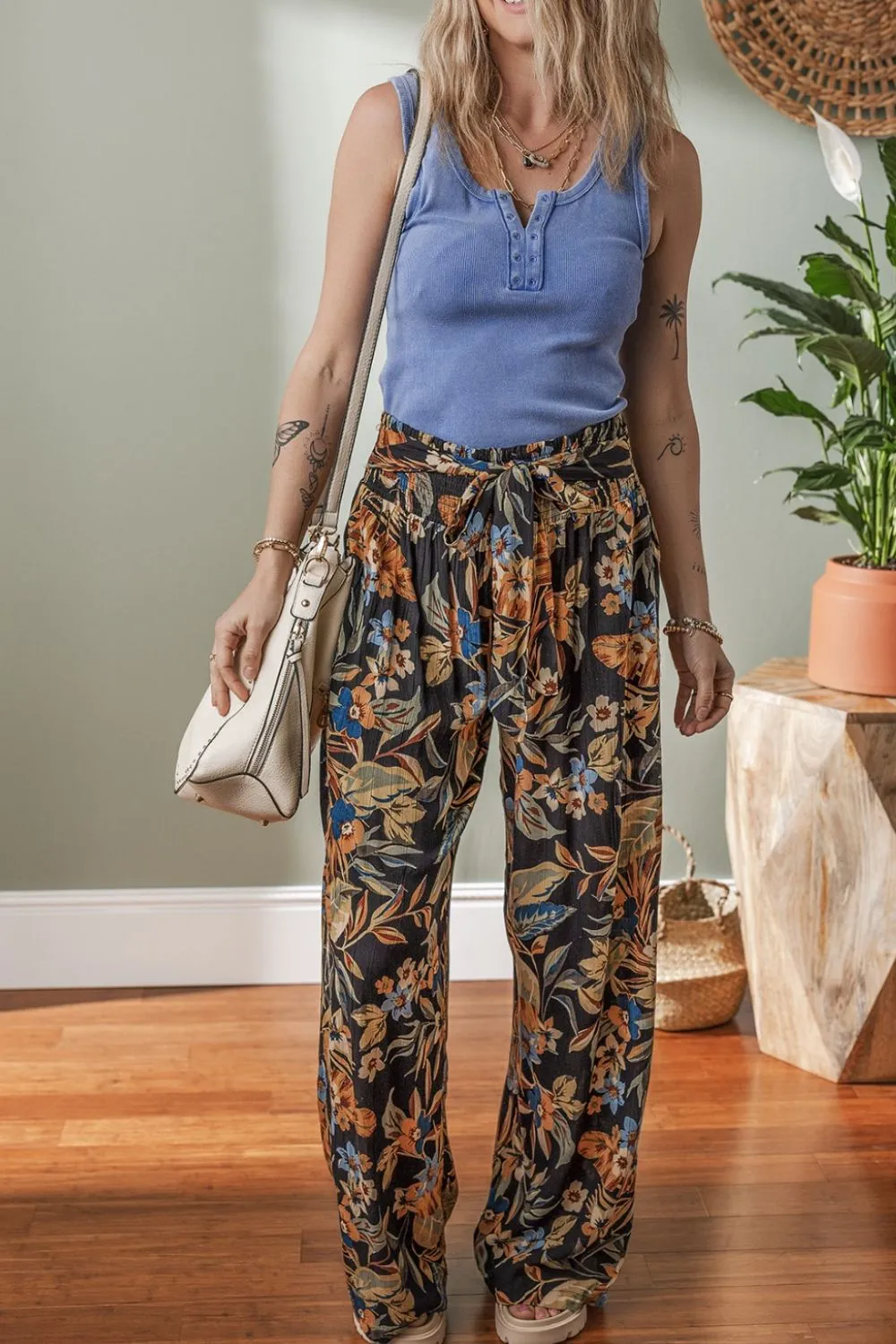 Hazel Blues® |  Floral Shirred High Waist Wide Leg Pants with Tie