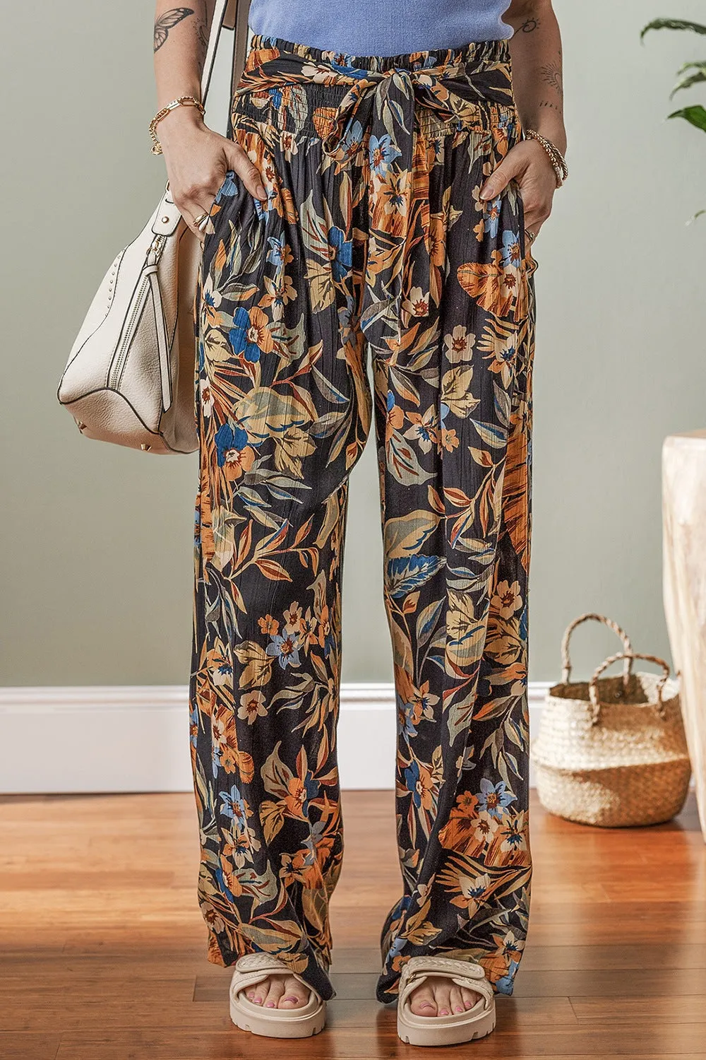 Hazel Blues® |  Floral Shirred High Waist Wide Leg Pants with Tie