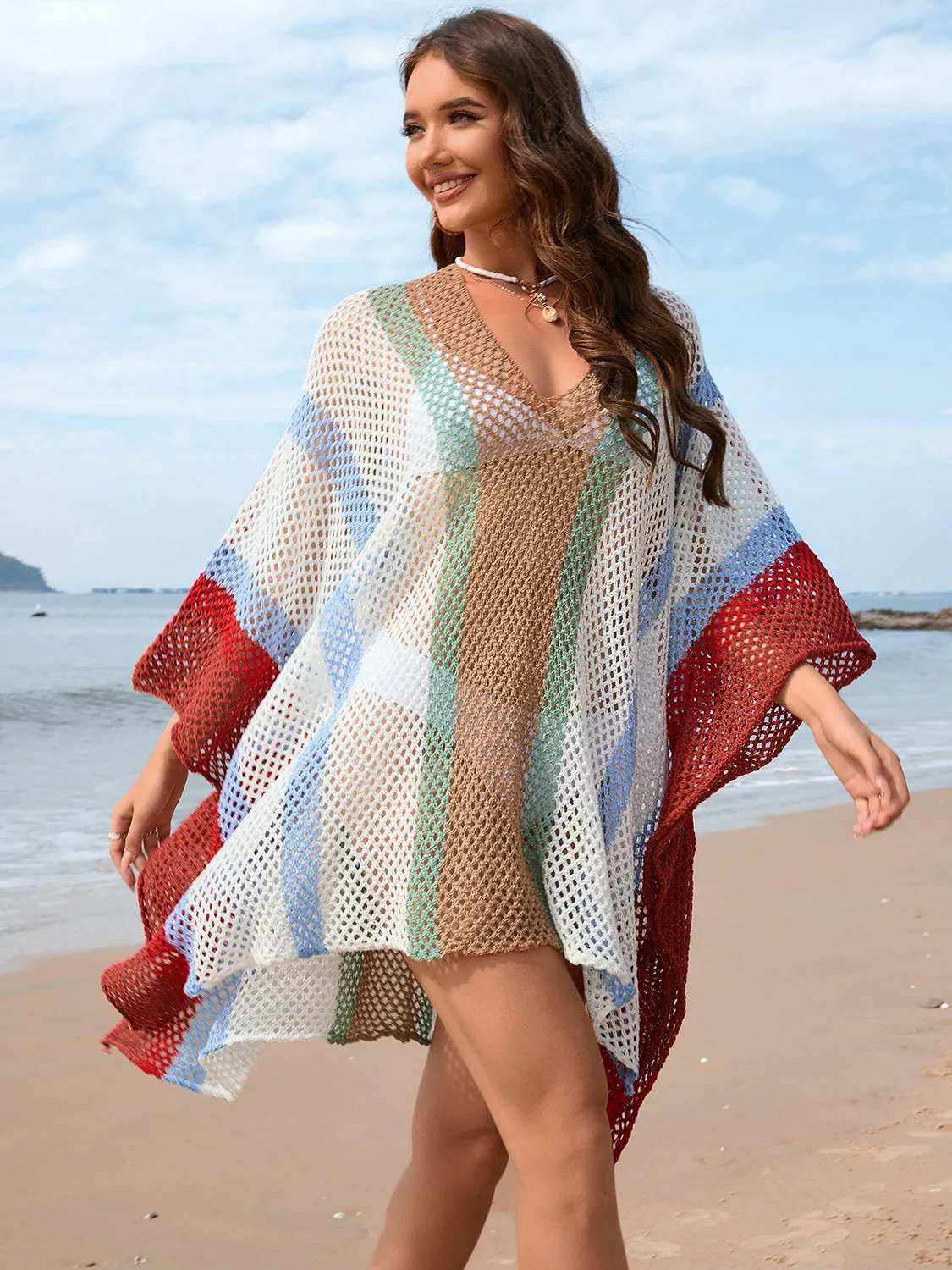 Hazel Blues® |  Openwork Color Block Plunge Cover-Up
