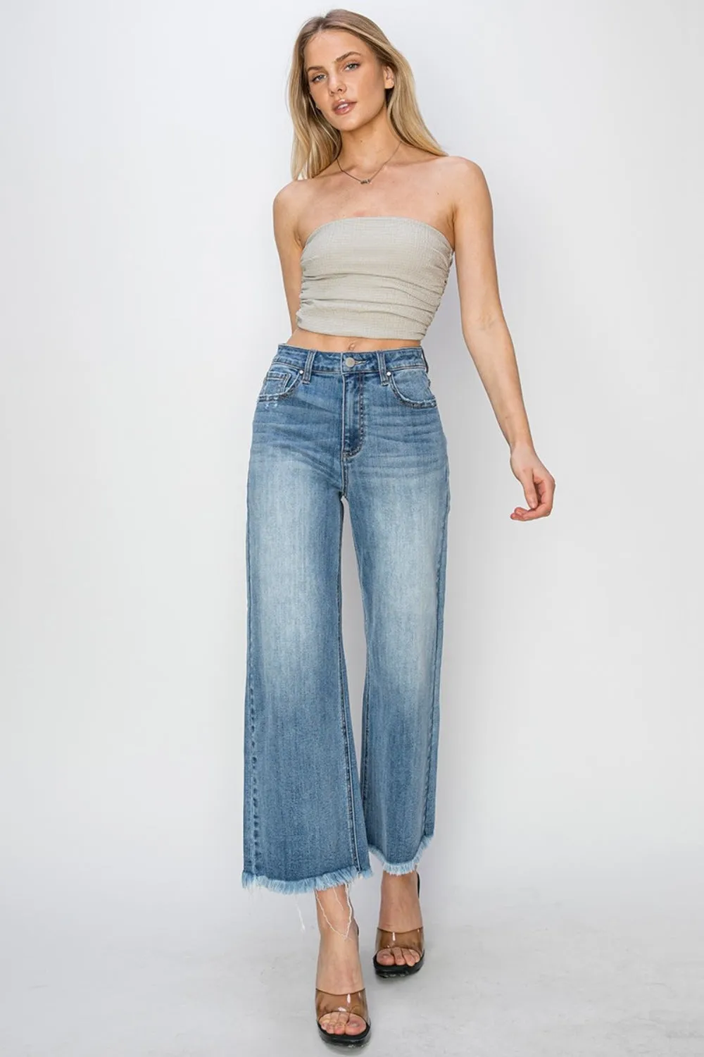 Hazel Blues® |  RISEN Raw Hem Cropped Wide Leg Jeans