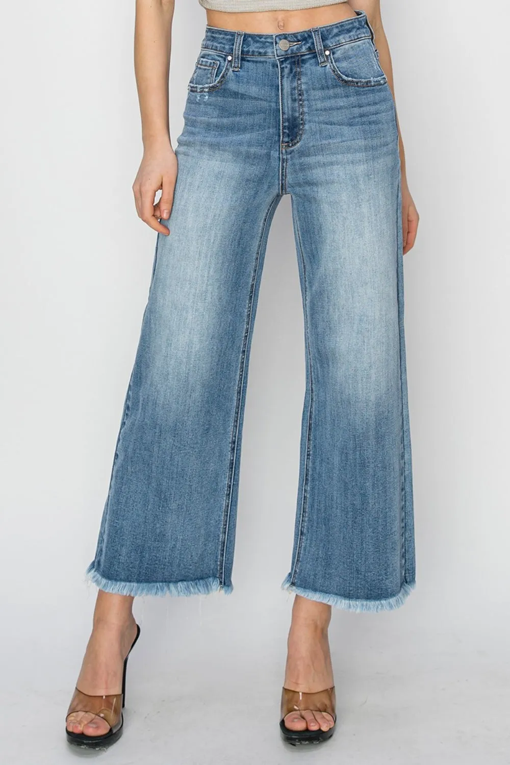 Hazel Blues® |  RISEN Raw Hem Cropped Wide Leg Jeans