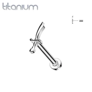 Implant Grade Titanium Threadless Push In Dainty Sword Dagger Top Labret With Flat Back