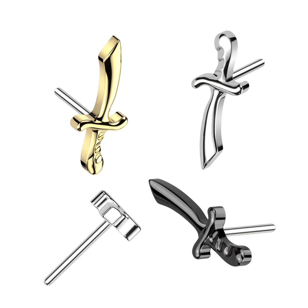 Implant Grade Titanium Threadless Push In Dainty Sword Dagger Top Labret With Flat Back