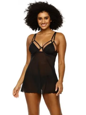 Janessa Strappy Mesh Chemise - Black -