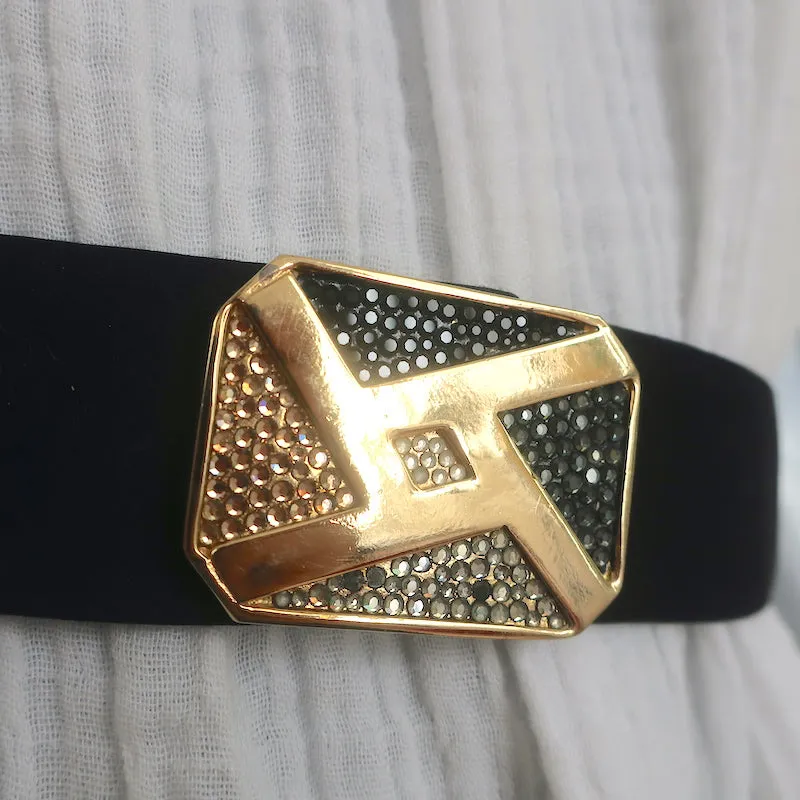 Judith Leiber Crystal Buckle Waist Belt Black Satin One Size