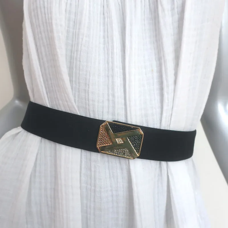 Judith Leiber Crystal Buckle Waist Belt Black Satin One Size