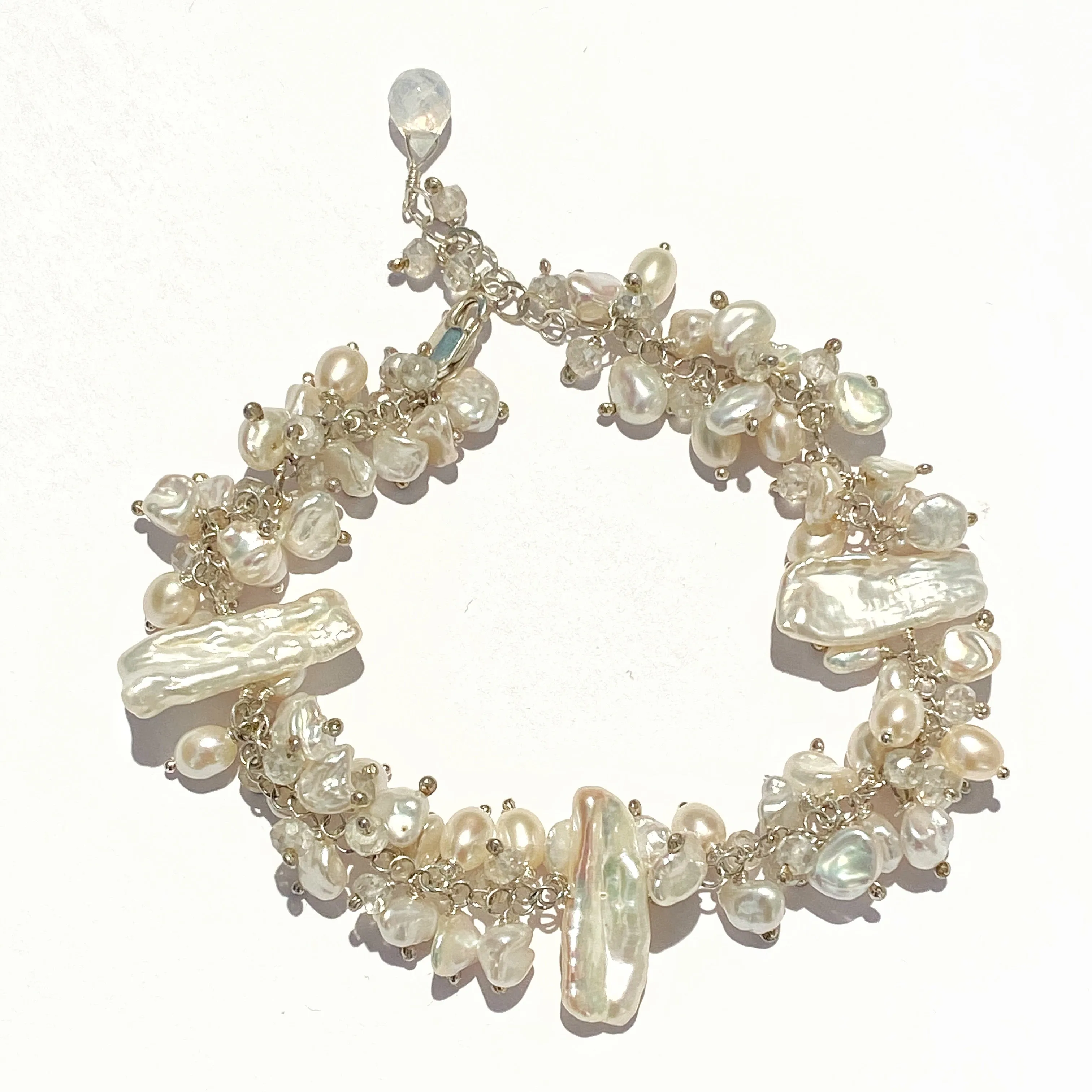 Keishi Pearl Bridal Bracelet Sterling Silver Mystic Crystal Pearl Cluster