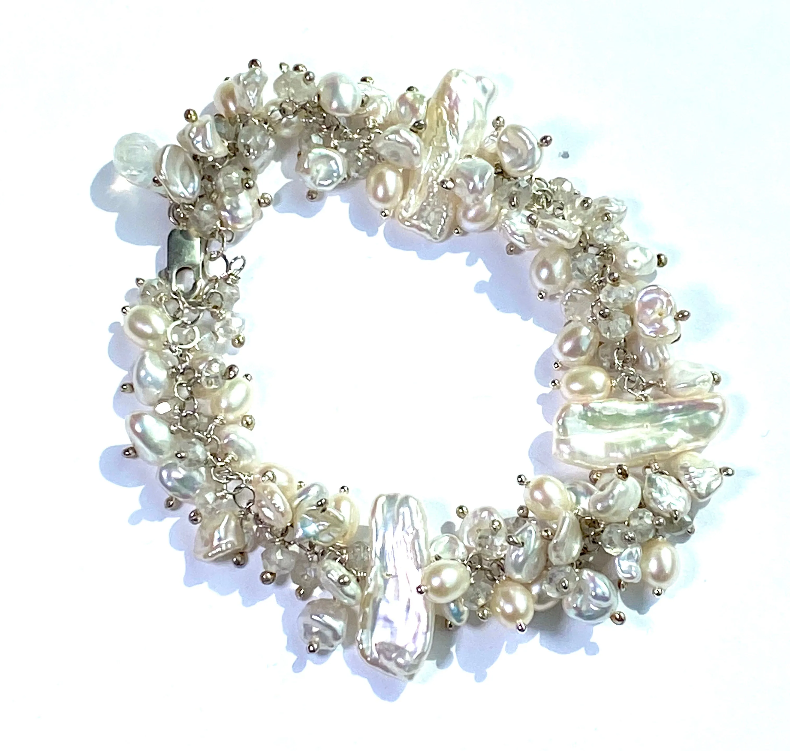 Keishi Pearl Bridal Bracelet Sterling Silver Mystic Crystal Pearl Cluster