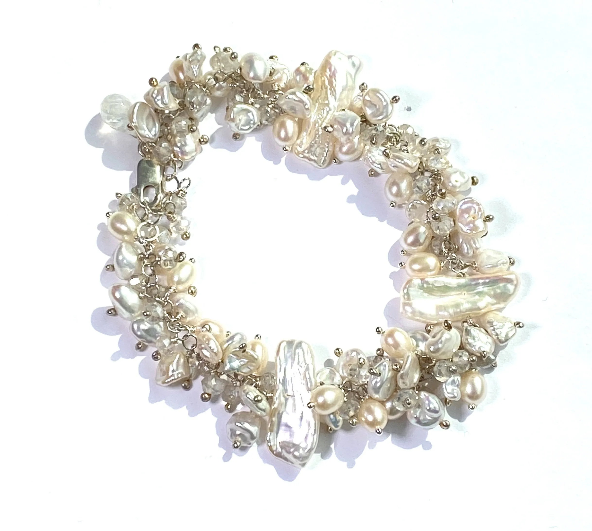 Keishi Pearl Bridal Bracelet Sterling Silver Mystic Crystal Pearl Cluster