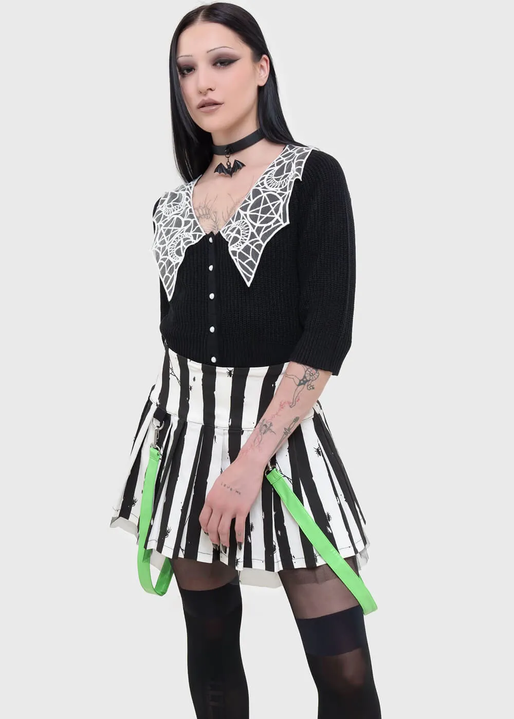 Killstar x Beetlejuice Distressed Stripe Pleated Mini Skirt Black White